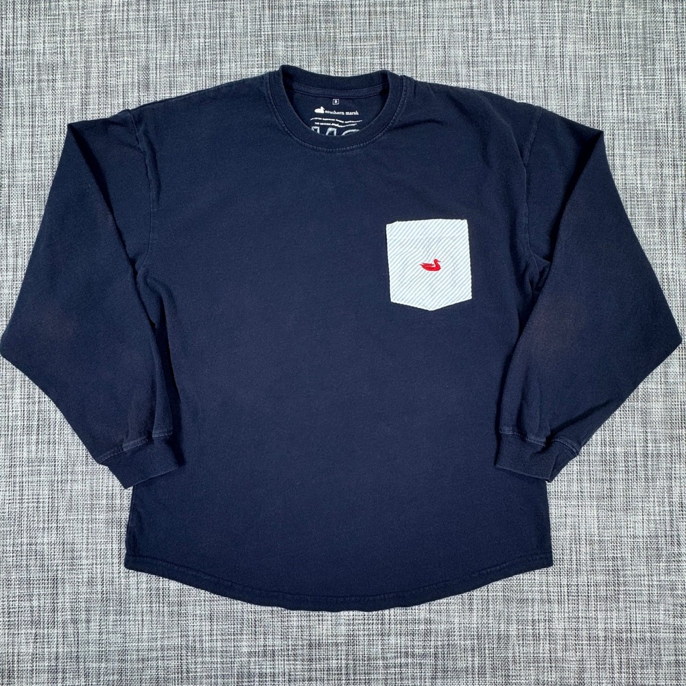 Southern Marsh Womens Long Sleeve T-Shirt Navy Blue Sz Small Pocket Logo Graphic